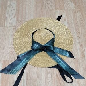 Straw Hat with Black and Green Ribbon